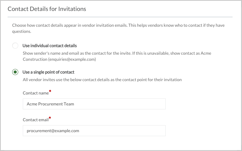Customise contact details for vendor invitations