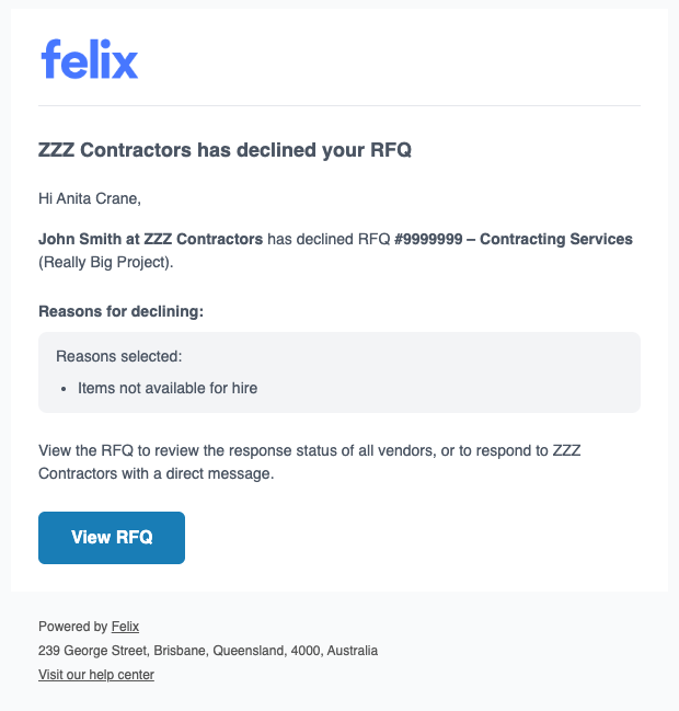 Example decline notification email showing the vendor name, RFQ number, title, project, reasons for declining, and a View RFQ button