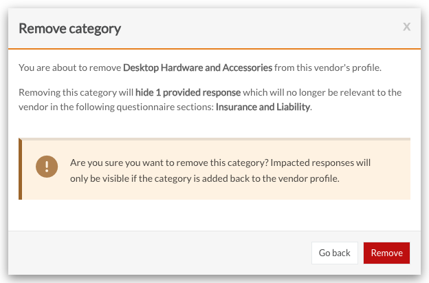 The Remove category window showing the hidden questionnaire responses warning
