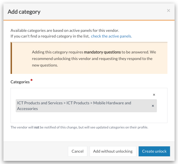 The Add category window showing the mandatory questions message with Cancel, Add without unlocking and Create unlock buttons