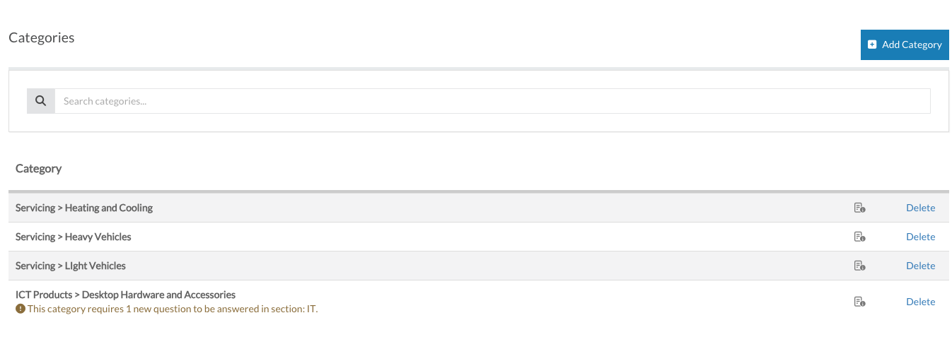 The Full Category Listing for a vendor in Felix