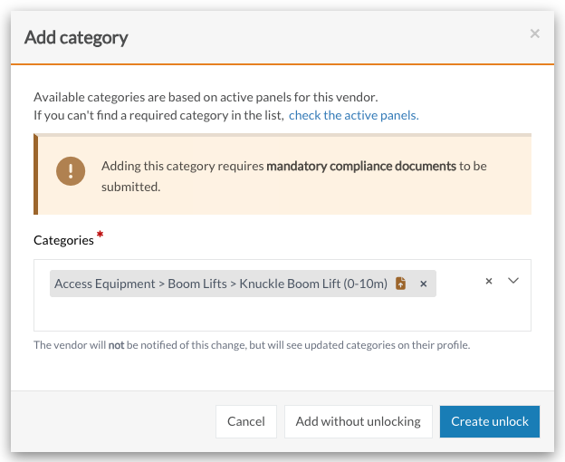 The Add category window showing the mandatory compliance documents message