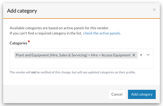 The Add category window with categories selected
