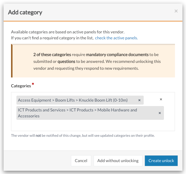 The Add category window showing a message for mandatory questions and compliance documents