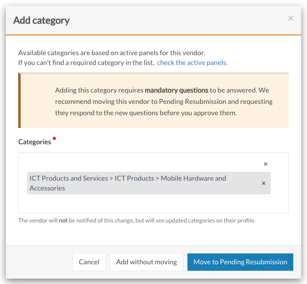 The Add category window with Cancel, Add without moving and Move to Pending Resubmission buttons