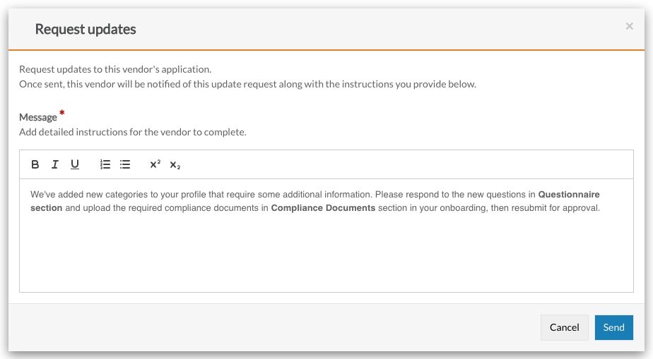The Request updates window with the pre-filled Message field
