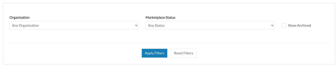 The Services filters panel with Organisation, Marketplace Status and Show Archived