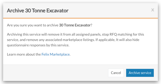 The Archive window with the warning message and the Cancel and Archive service buttons