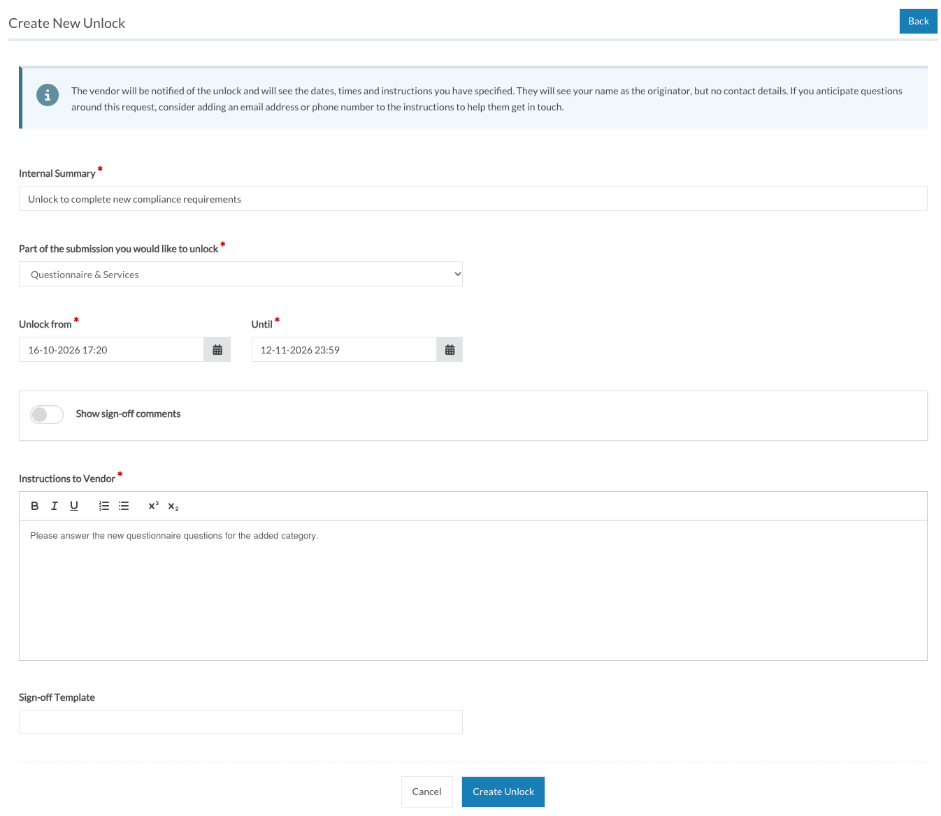 The Create New Unlock page